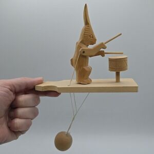 Vintage Russian Wooden Bunny Rabbit Carved Wood Pull Toy Russia Drumming